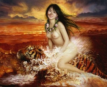 海で虎に乗る少女 中国人少女のヌード Oil Paintings